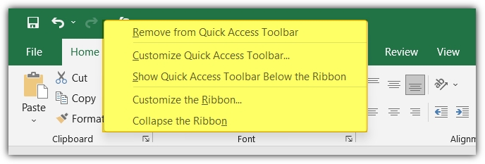 option of quick access toolbar